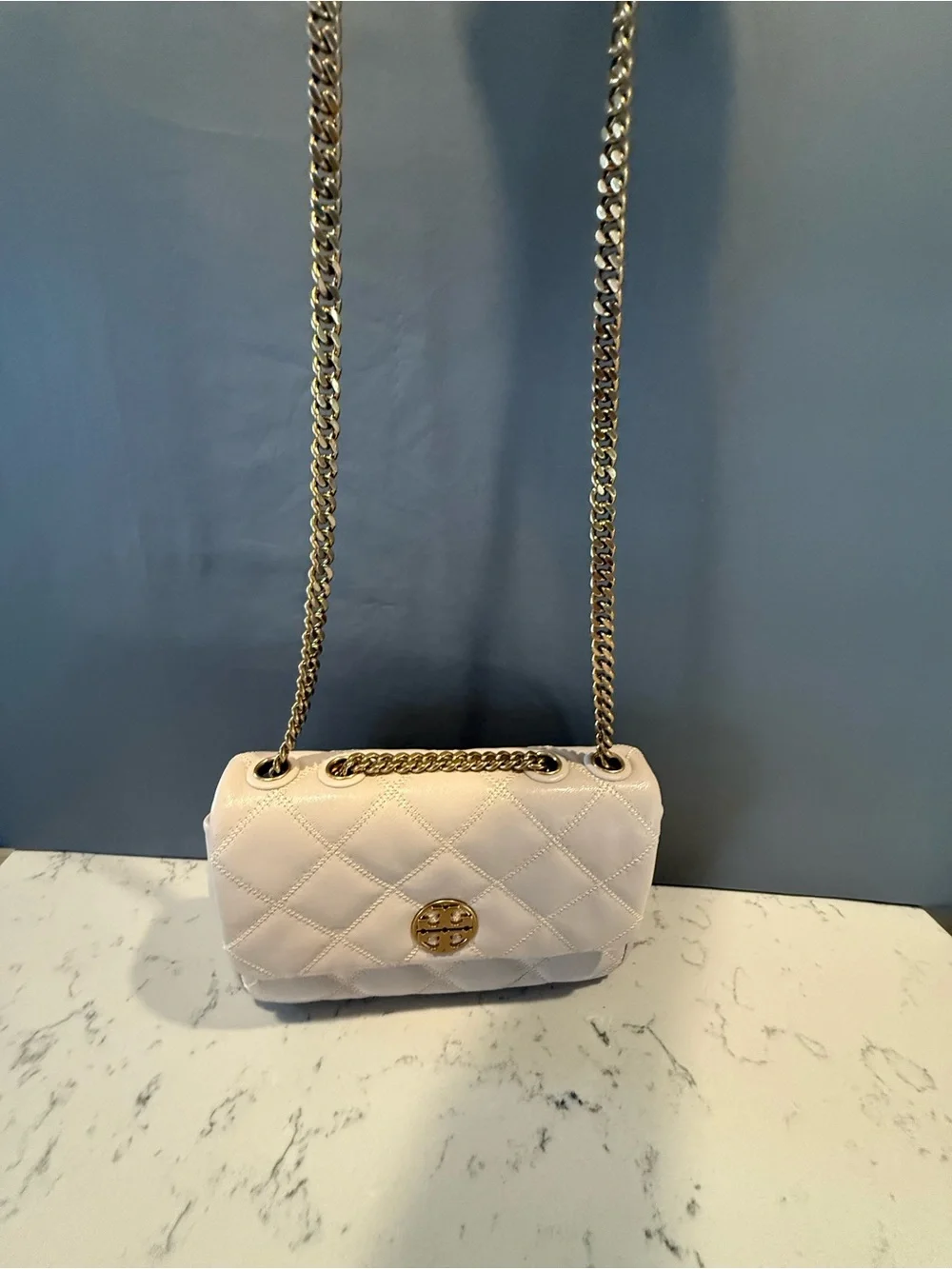 Tory Burch Cream Quilted Chain Crossbody Bag with Gold Hardware